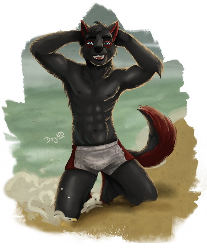 abs anthro beach biped bulge clothing fangs hands_behind_head kneeling looking_at_viewer male navel nipples open_mouth outside seaside smile solo teeth underwear dognextdoor canid canine mammal hi_res