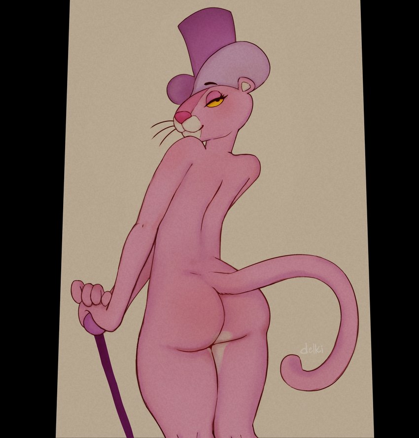 anthro butt clothing crossgender female fur hat headgear headwear nude pink_body pink_fur rear_view solo tail whiskers yellow_eyes yellow_sclera delki pink_panther felid mammal pantherine 2023 absurd_res hi_res