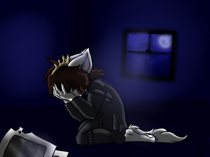 alternative_fashion anthro bodily_fluids brown_hair crown crying empty_room fur hair head_in_hands headgear j-fashion kneeling male moon night paws photo sad solo tears visual_kei white_body white_fur window hellishlykawaiimiocreations fuyu_graycen hybrid 2016 4:3 colored digital_media_(artwork)