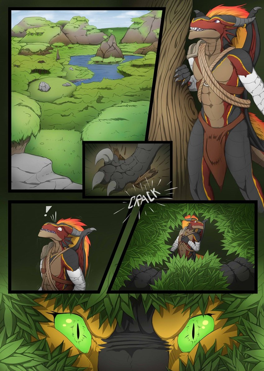 3_toes abs anthro bandage bar_emanata base_three_layout black_body black_border blockage_(layout) border bottomwear buccinator claws clothing cracking duo emanata exclamation_point feathered_wings feathers feet female fin finger_claws forest forest_background green_sclera hair horizontal_blockage horn lake landform loincloth looking_at_viewer looking_back looking_up male membrane_(anatomy) mountain nature nature_background onomatopoeia pecs peek peeking_through_the_bushes plant red_body rock rope sharp_teeth shoulder_guards shrub six_frame_image sky snout sound_effects startled tail teeth text text_with_emanata toe_claws toes tree water wings wrinkles yellow_body chikiota mythology shelly_(lykenzealot) sulfer dinosaur dragon dromaeosaurid mythological_creature mythological_scalie prehistoric_species reptile scalie theropod velociraptor 2018 comic english_text hi_res