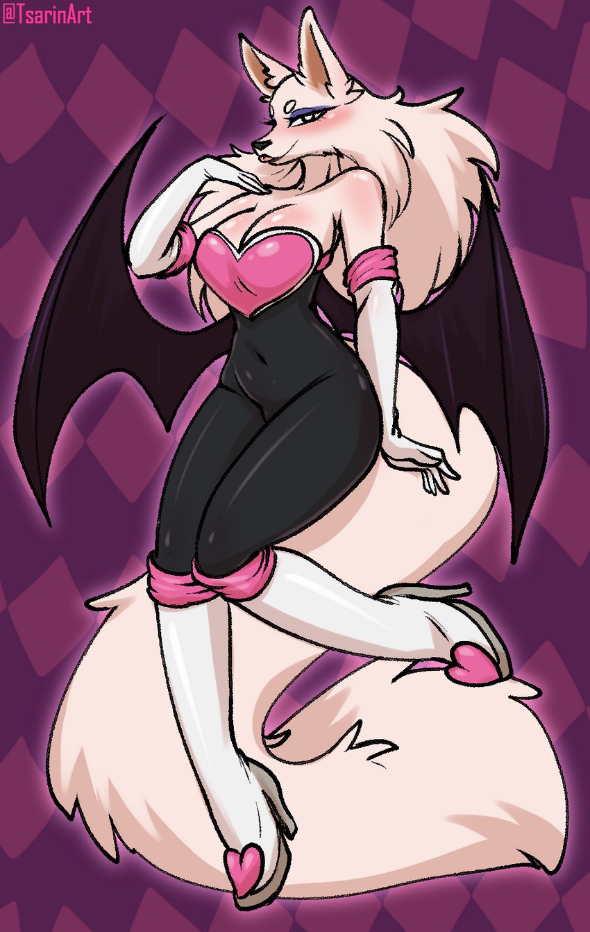 anthro big_breasts blush breasts clothing cosplay female gloves handwear latex latex_clothing latex_skinsuit looking_at_viewer makeup membrane_(anatomy) membranous_wings rubber_clothing simple_background skinsuit solo tight_clothing tongue tongue_out wings tsarinart sega sonic_the_hedgehog_(series) rouge_the_bat tsarina berger_blanc_suisse canid canine canis domestic_dog herding_dog mammal pastoral_dog hi_res