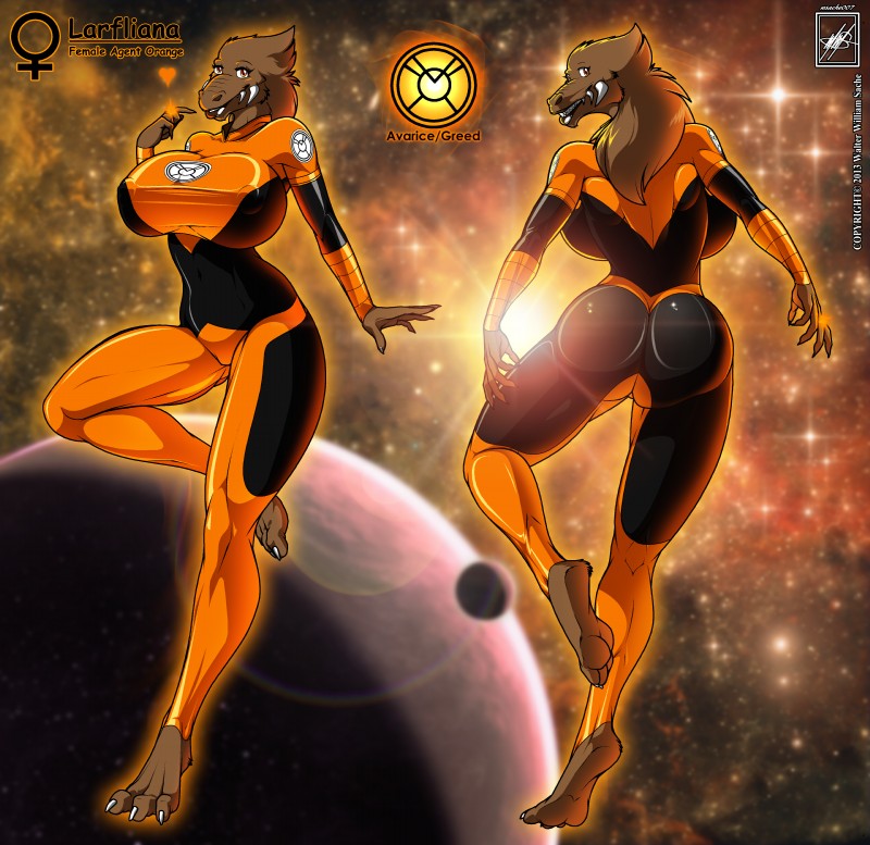 3_toes anthro big_breasts bodysuit bound breasts butt claws clothed clothing feet female female_symbol foot_focus fully_clothed gender_symbol looking_at_viewer looking_back muscular muscular_anthro muscular_female orange_bodysuit orange_clothing orange_eyes orange_skinsuit plantigrade rear_view science_fiction skinsuit soles solo space standing submissive submissive_female suit symbol tight_clothing toe_claws toes walter_sache dc_comics green_lantern_(series) orange_lantern larfleeze alien mammal 2013 absurd_res digital_media_(artwork) hi_res