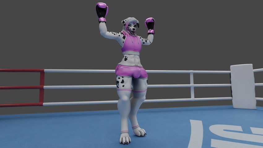 abs anthro barefoot black_spots blue_eyes bottomwear boxing boxing_gloves bulge clothed clothing crop_top crossdressing feet femboy fight fighting_ring flexing fur grey_background handwear knockout legwear looking_at_viewer male markings muscular muscular_femboy muscular_male pink_bottomwear pink_boxing_gloves pink_clothing pink_crop_top pink_hair_tips pink_handwear pink_shirt pink_shorts pink_topwear shirt shorts simple_background solo sport spots spotted_body spotted_fur standing_over sweater taunting thigh_highs topwear white_body white_clothing white_fur white_legwear white_thigh_highs galethehusky ashley_(galethehusky) 16:9 3d_(artwork) 4k absurd_res digital_media_(artwork) hi_res widescreen