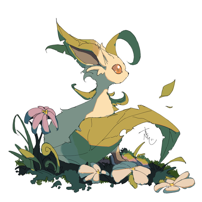 ahoge ambiguous_gender brown_body brown_fur brown_paws brown_sclera feral flower fur hair leaf leaf_hair leaf_tail looking_away plant plant_hair pseudo_hair simple_background sitting snout solo tail text white_background yellow_body yellow_fur supiraji_penpen nintendo pokemon eeveelution generation_4_pokemon leafeon pokemon_(species) 1:1 2026 hi_res japanese_text