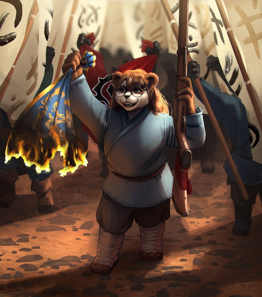 alliance_symbol_(warcraft) anthro banner dual_holding eyewear female flag flag_(object) flag_burning glasses gun holding_banner holding_flag holding_gun holding_object holding_ranged_weapon holding_rifle holding_weapon horde_symbol_(warcraft) ranged_weapon rifle torn_flag weapon shadoca blizzard_entertainment warcraft bear mammal pandaren hi_res