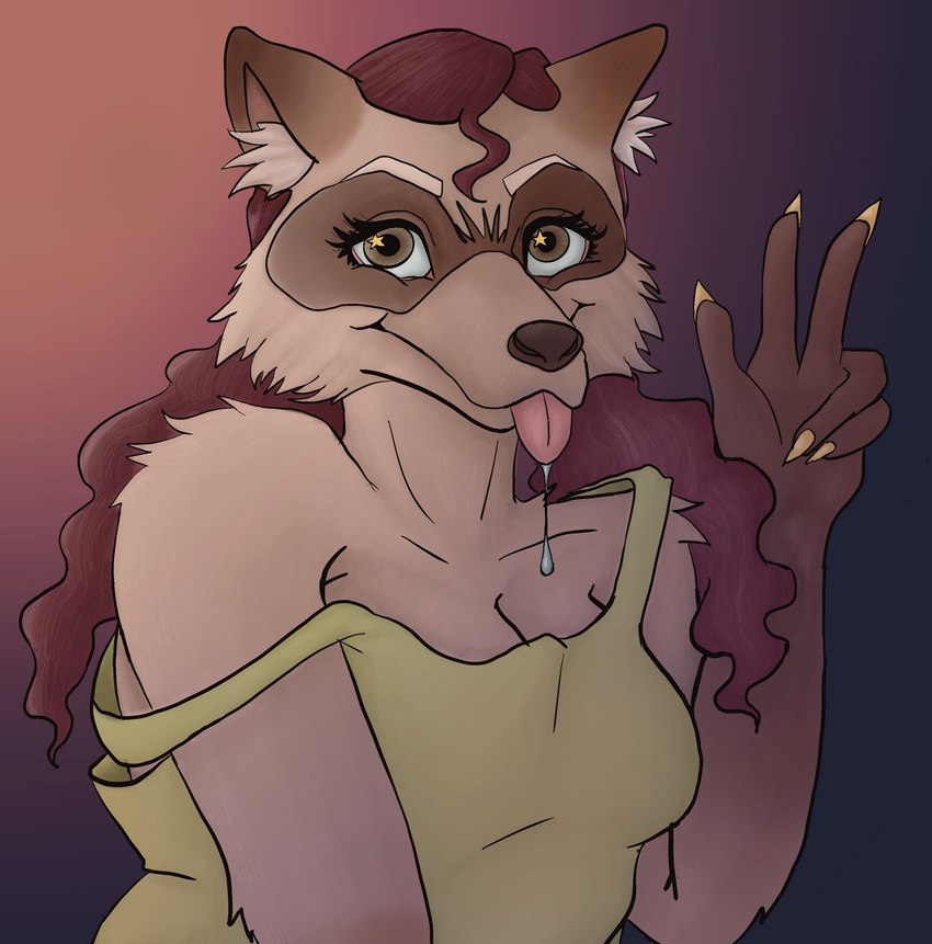 anthro bodily_fluids clothing drooling female gesture hand_gesture pigtails saliva shirt solo tank_top topwear v_sign jellykinz cricket_(jellykinz) mammal procyonid raccoon absurd_res hi_res