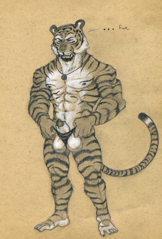 abs animal_genitalia annoyed anthro ball_camel_toe balls big_balls clothing dialogue genitals jewelry looking_down male mostly_nude muscular muscular_anthro muscular_male nipples pecs pendant penis penis_tip sheath solo standing text thong underwear tush_(artist) partran_(tiger) felid mammal pantherine tiger 2017 english_text full-length_portrait graphite_(artwork) hi_res monochrome portrait traditional_media_(artwork)