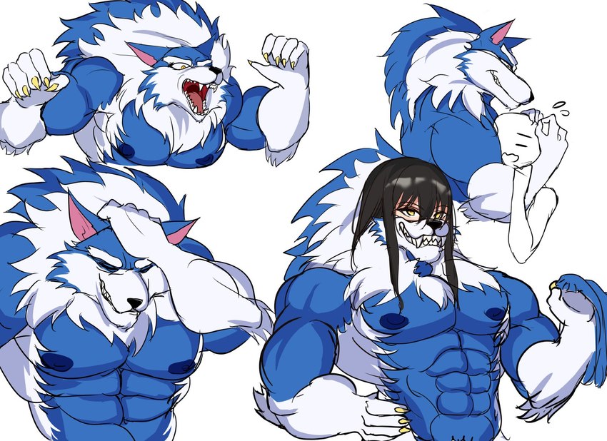 5_fingers abs anthro anthro_to_human base_two_layout basic_sequence biceps biped black_hair blue_body claws clothing costume_transformation fangs female fingers four_frame_image four_frame_sequence front_view fur hair hug linear_sequence long_hair looking_at_viewer male muscular muscular_anthro muscular_male nipples nude open_mouth pecs simple_background skinsuit smile solo species_transformation teeth tight_clothing tongue toothy_grin transformation transformation_sequence tuft two_row_layout wavy_mouth white_body yellow_eyes toiletghost capcom darkstalkers mythology jon_talbain canid canine canis human mammal mythological_canine mythological_creature werecanid werecanine werecreature werewolf wolf 2024 bust_portrait digital_media_(artwork) half-length_portrait hi_res portrait sequence