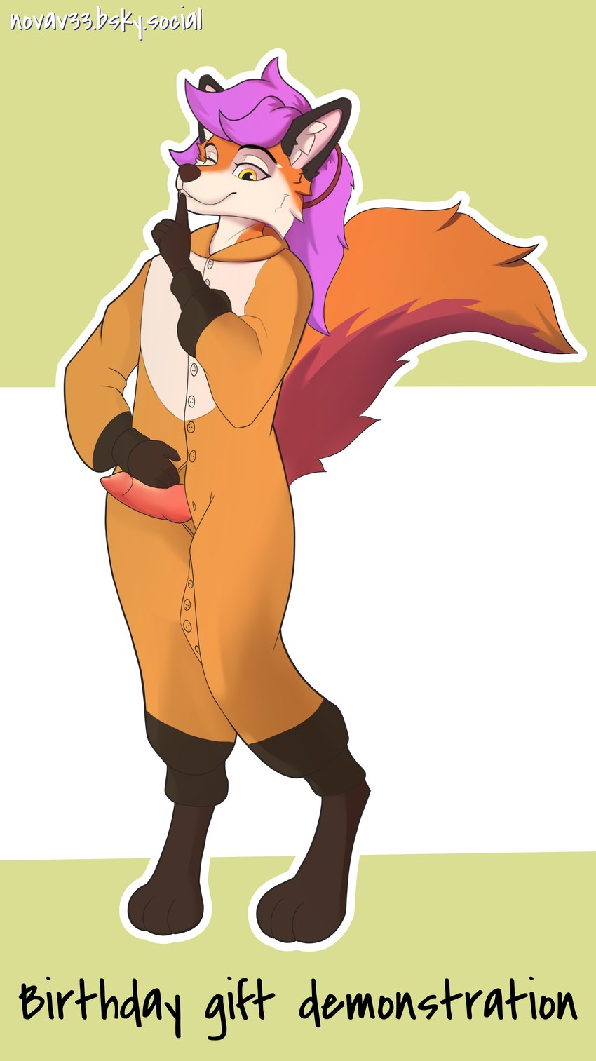 anthro clothing femboy fur genitals hair kigurumi knot knotted_penis long_hair looking_at_viewer male onesie orange_body orange_fur penis pink_hair presenting presenting_penis solo standing text novav33 nova_(novav33) canid canine fox mammal absurd_res english_text hi_res