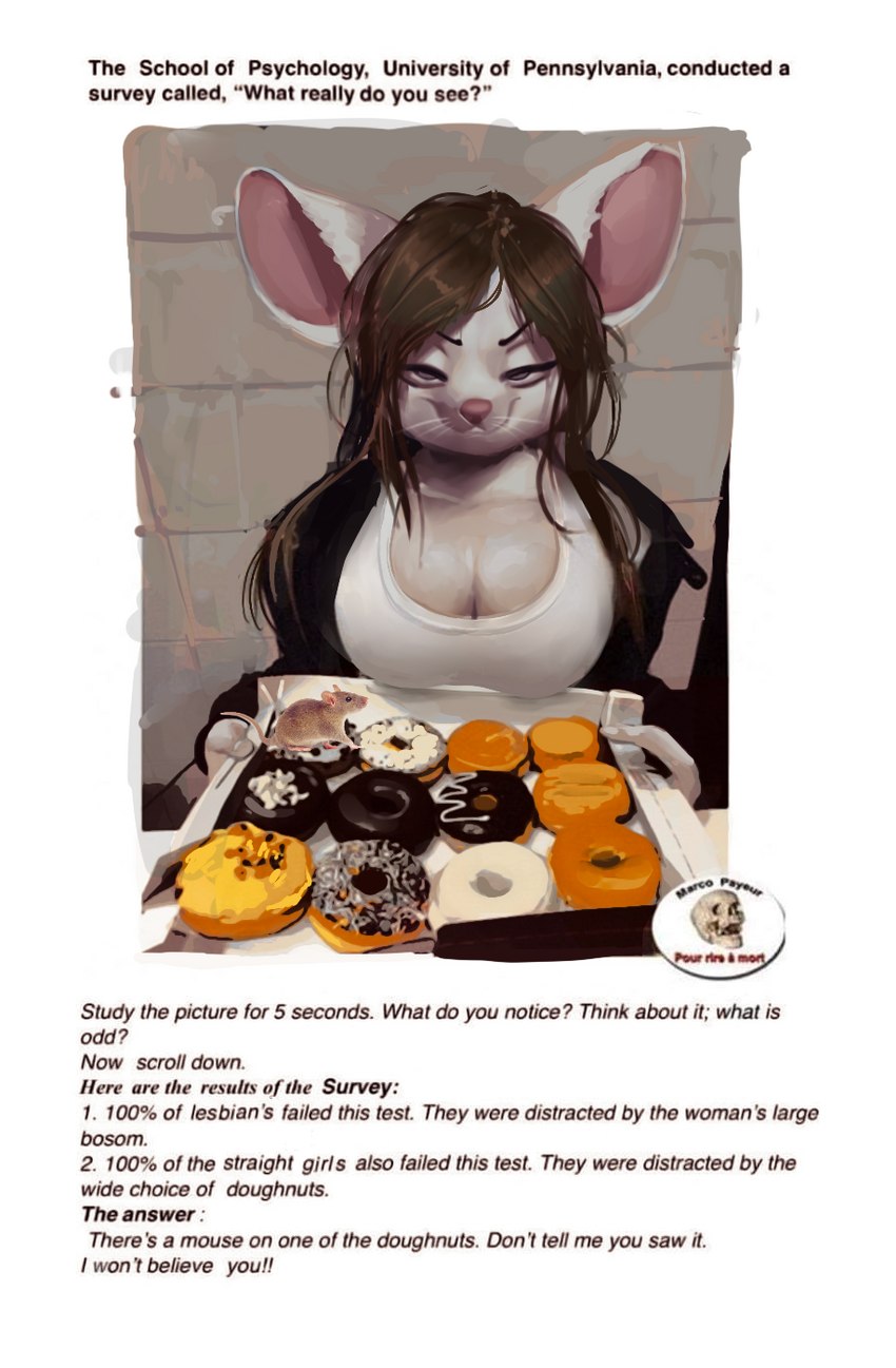 anthro big_breasts breasts brown_hair clothed clothing dessert doughnut female food hair holding_food holding_food_container holding_object looking_at_viewer pastry shirt smile smug_face solo tank_top text topwear white_clothing white_shirt white_tank_top white_topwear awr_hey mammal mouse murid murine rodent 2023 digital_drawing_(artwork) digital_media_(artwork) english_text hi_res