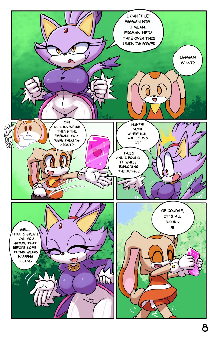 anthro big_breasts biped breasts clothed clothing dialogue dress eyelashes eyes_closed female fingers fur heart_symbol open_mouth open_smile purple_body purple_fur smile text thick_thighs thinking_emoji thinking_face_emoji ichduhernz sega sonic_the_hedgehog_(series) blaze_the_cat cream_the_rabbit domestic_cat felid feline felis lagomorph leporid mammal rabbit 2024 absurd_res comic english_text hi_res