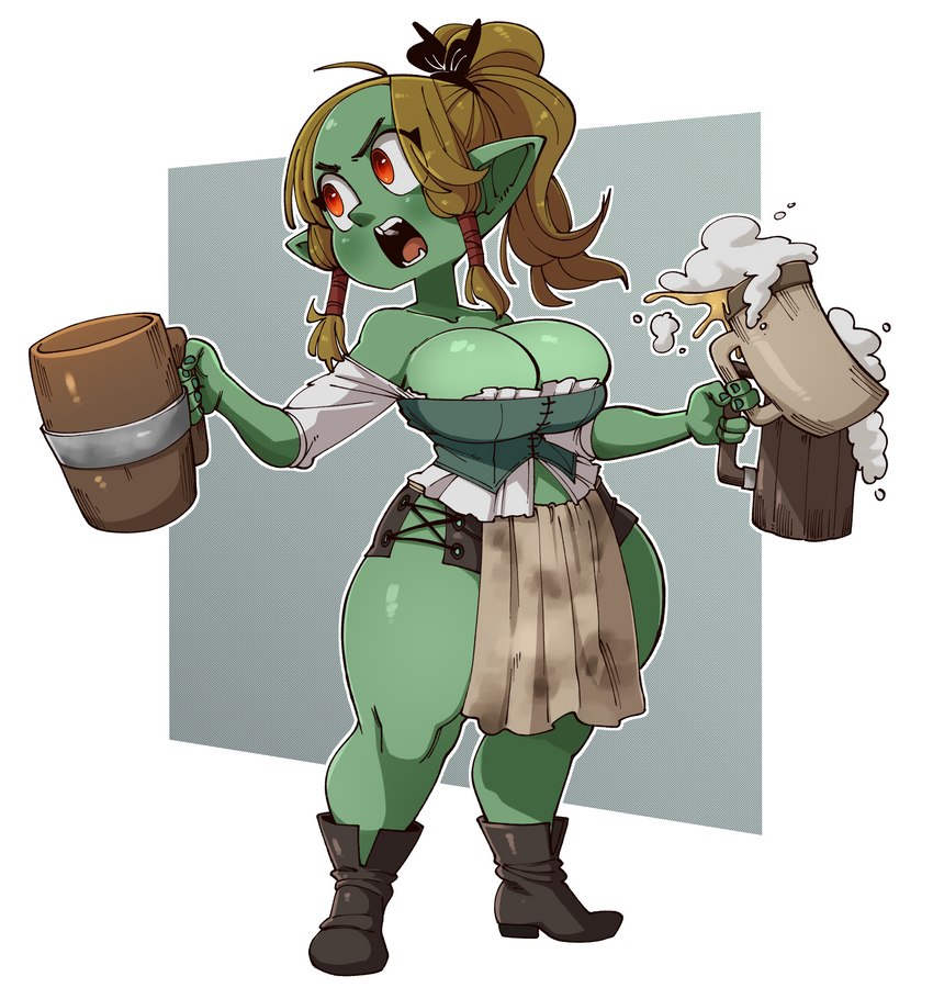 alcohol barmaid beer beverage big_breasts breasts brown_hair cleavage clothed clothing female green_body green_skin hair not_furry solo thick_thighs nuclearwasabi goblin humanoid 2022 absurd_res hi_res