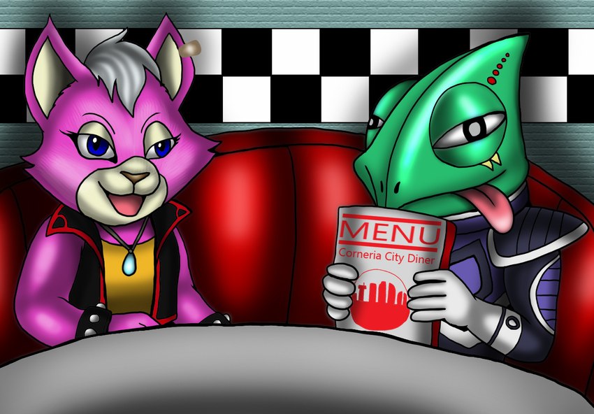 anthro armchair chair clothed clothing date duo female furniture grin male male/female menu restaurant smile table vixdojofox nintendo star_fox katt_monroe leon leon_powalski chameleon domestic_cat felid feline felis lizard mammal reptile scalie