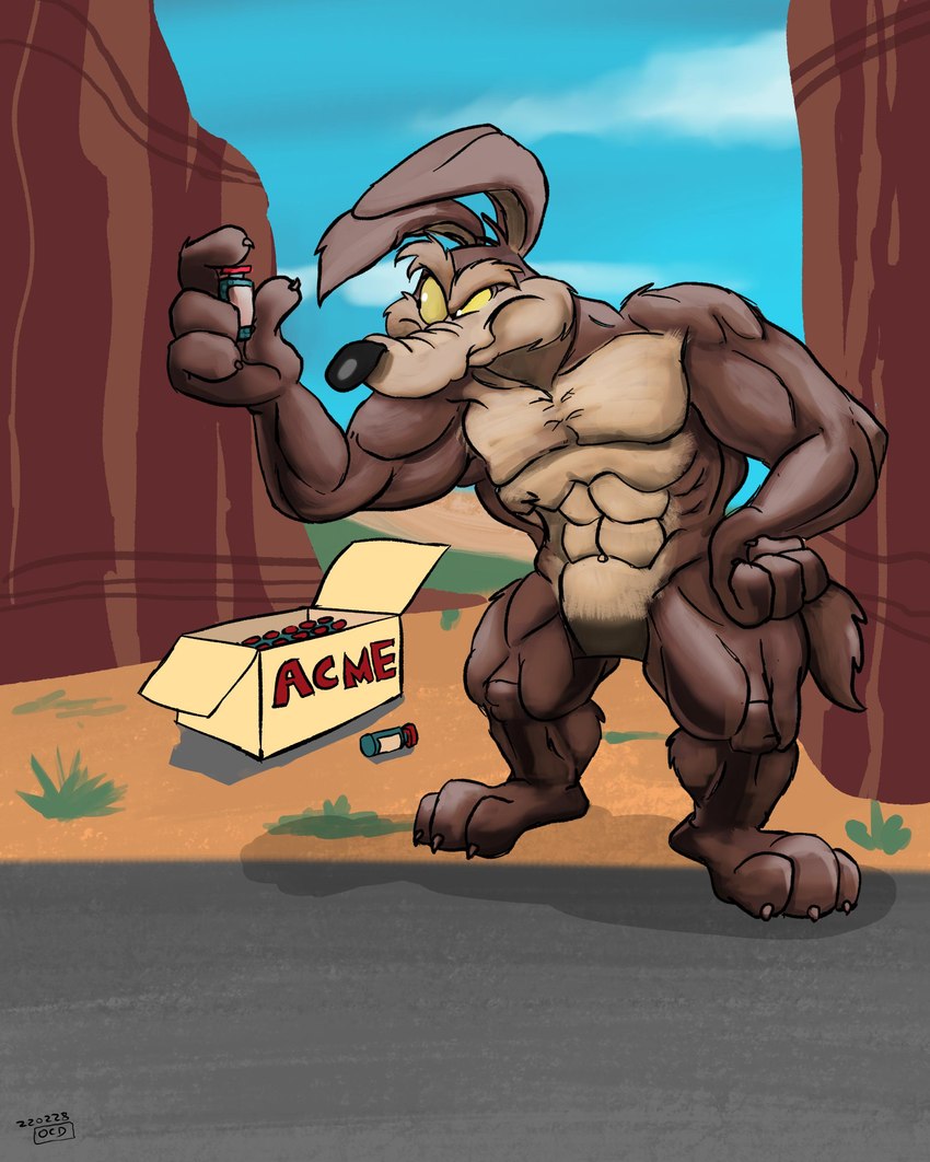 3_toes 4_fingers abs abstract_background anthro arm_tuft belly biceps big_arms big_hands big_legs big_pecs biped black_eyes black_nose blue_sky box brown_body brown_fur calf_tuft canyon cardboard cardboard_box claws cloud cloudy_sky confusion container countershade_torso countershading desert drugs ears_front eyebrows featureless_crotch feet finger_claws fingers fist_on_own_hip fur glare glaring growth growth_pills holding_pill_bottle humanoid_hands humanoid_heel leg_muscles leg_tuft logo male moobs multicolored_body multicolored_fur muscle_growth muscular muscular_anthro muscular_arms muscular_legs muscular_male navel nude open_box outside packing_peanuts paws pecs pill_bottle pills plantigrade pose raised_eyebrow rib_lines ribs road shadow shoulder_tuft sky solo standing suspicious tan_belly tan_body tan_eyebrows tan_fur thick_arms thick_calves thick_thighs toe_claws toes tuft two_tone_body two_tone_fur vein veiny_muscles yellow_sclera stevethedragon looney_tunes warner_brothers wile_e._coyote canid canine canis coyote mammal 2022 absurd_res colored dated detailed digital_drawing_(artwork) digital_media_(artwork) digital_painting_(artwork) hi_res pinup redraw shaded signature sketch