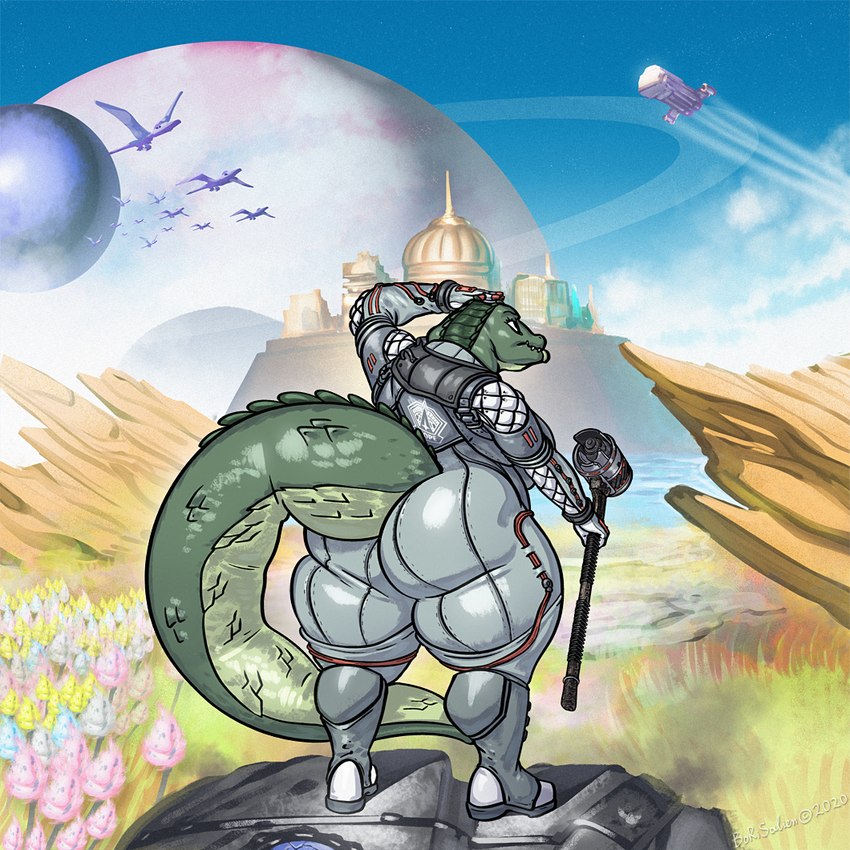 anthro big_butt breasts butt clothed clothing cloud copyright_symbol detailed_background female green_body holding_object looking_away plant rear_view rock_formation sky solo spacecraft spacesuit symbol text vehicle borisalien the_outer_worlds karen_(wholesomeeagle) alligator alligatorid crocodilian reptile scalie 1:1 2020 artist_name digital_media_(artwork) digital_painting_(artwork) painting_(artwork) watermark