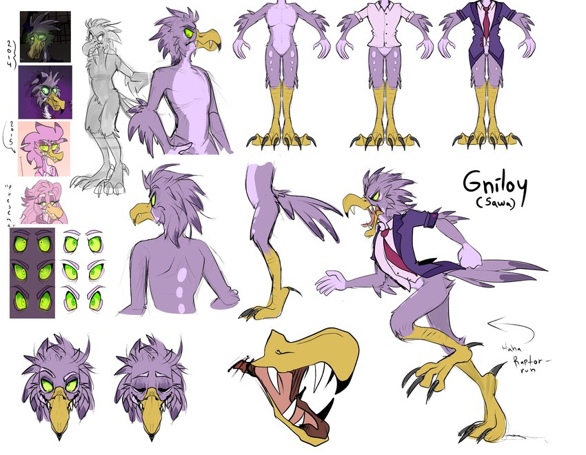 3_toes 5_fingers anthro beak bent_leg black_claws button_(fastener) cheek_tuft claws clothing directional_arrow dress_shirt eyebrows eyelashes eyes_closed facial_tuft fangs feather_hair feathers feet fingers front_view furrowed_brow green_eyes green_sclera grey_body grey_feathers hair hand_on_hip long_hair male medium_hair necktie nude_anthro nude_male open_mouth orange_beak pink_body pink_dress_shirt pink_eyebrows pink_feathers pink_hair pink_tongue pseudo_hair purple_body purple_clothing purple_feathers purple_hair purple_suit purple_tail rear_view red_necktie running shirt side_view simple_background solo standing suit tail tail_feathers talons teeth text toe_claws toes tongue toothed_beak topwear tuft year beastofeuthanasia gniloy accipitrid accipitriform avian bird eagle pallas's_sea_eagle sea_eagle 2022 character_name colored digital_media_(artwork) english_text hi_res model_sheet shaded