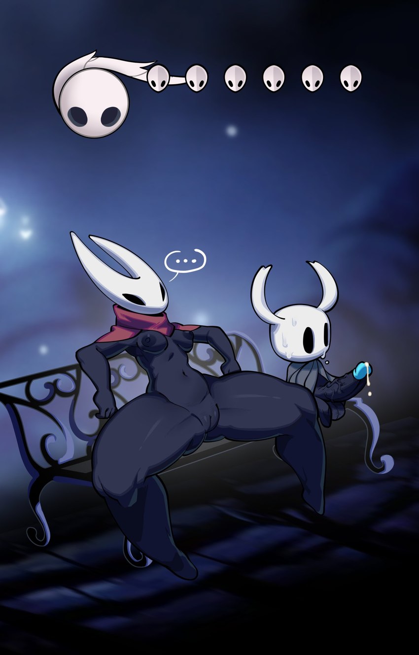 anthro bench bodily_fluids breasts cape clothing cum cum_drip dripping duo erection female gameplay_mechanics genital_fluids genitals gui health_bar horn male mostly_nude mouthless navel nipples penis pussy sitting small_breasts small_but_hung spread_legs spreading sweat thick_thighs bbo hollow_knight team_cherry hornet_(hollow_knight) the_knight_(hollow_knight) arachnid arthropod spider vessel_(species) hi_res incest_(lore)