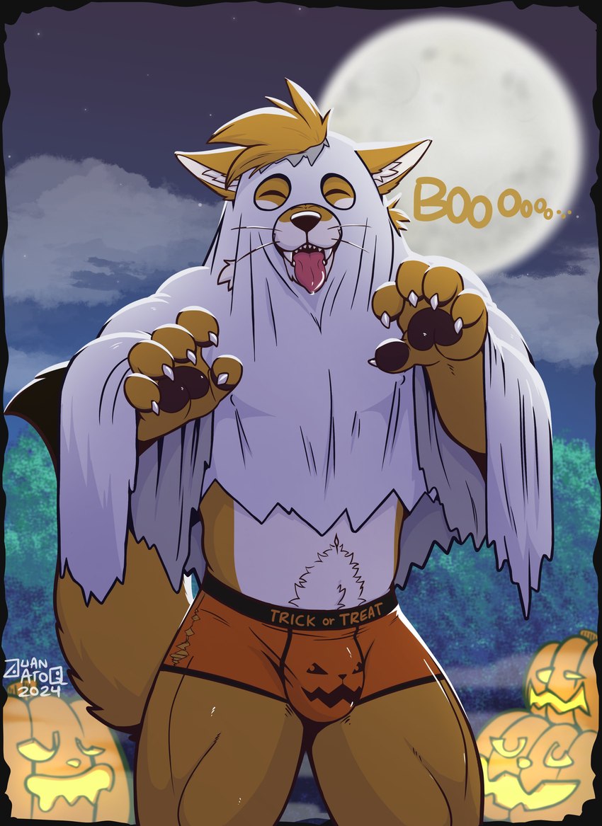 anthro big_bulge black_border body_hair border bulge claws cloak clothing cloud costume eyes_closed food front_view fruit full_moon fur ghost_costume hair happy happy_trail holidays hood jack-o'-lantern male moon muscular muscular_anthro muscular_male night open_mouth open_smile outside plant pubes pumpkin sky smile solo standing text thick_thighs tongue tongue_out tuft underwear whiskers juan_atoq halloween canid canine fox mammal 2024 absurd_res english_text hi_res signature