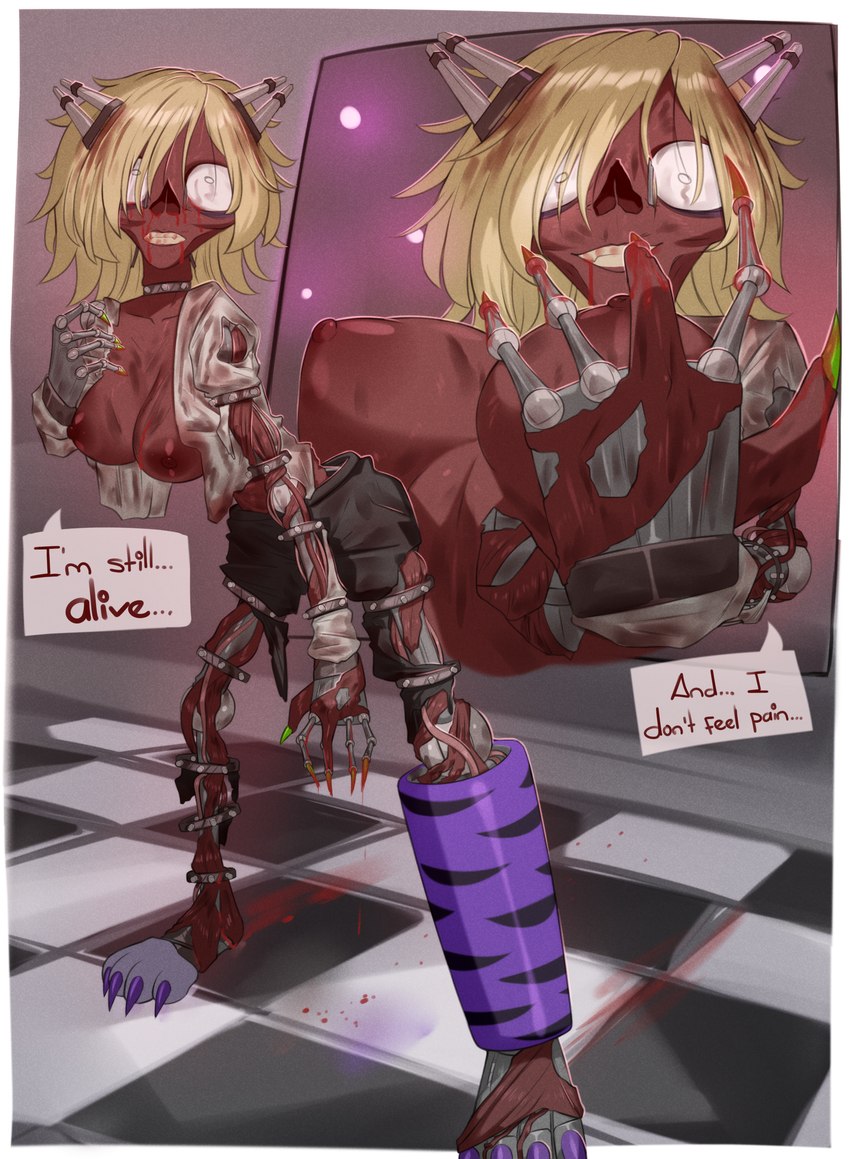 areola blonde_hair blood bodily_fluids breasts clothing colored_nails corpse dark dialogue endoskeleton feet female flesh gore hair horror_(theme) machine nails purple_nails purple_toenails red_body red_skin solo text toenails toes torn_clothing white_sclera zexlynk five_nights_at_freddy's five_nights_at_freddy's:_security_breach scottgames steel_wool_studios vanessa_(fnaf) animatronic human humanoid mammal robot springlock_suit 2024 absurd_res digital_media_(artwork) english_text hi_res