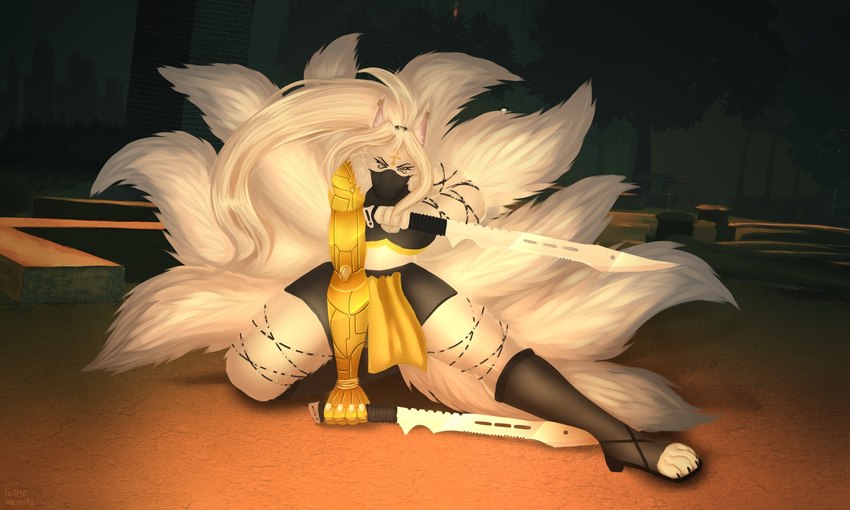 9_tails ankh anthro blade bottomwear clothing eye_of_horus eye_of_ra female food fruit lime loincloth mask mechanical_arm multi_tail plant solo tail tree weapon yellow_eyes lime_adesna shinethefox canid canine equid fox mammal hi_res