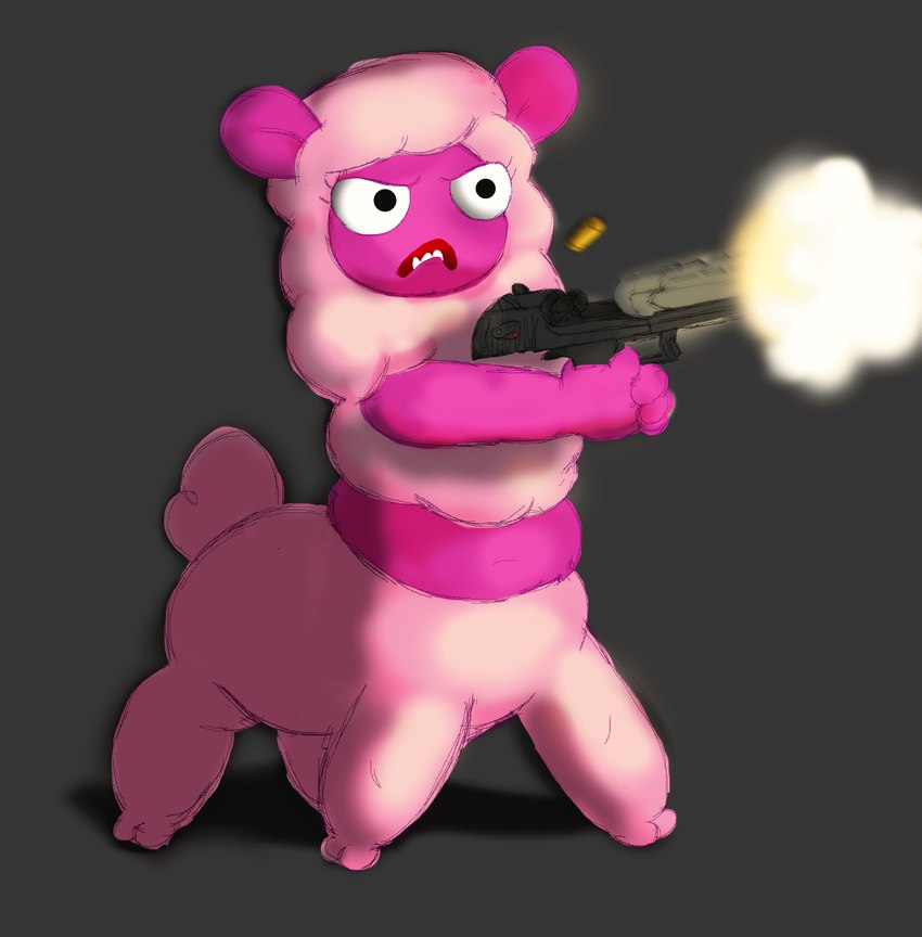 black_background black_eyes bullet desert_eagle female fur gun handgun holding_gun holding_object holding_ranged_weapon holding_weapon looking_aside nude open_mouth pink_body pink_fur pistol ranged_weapon shooting shooting_gun simple_background solo teeth weapon fuzefurry centaurworld netflix wammawink camelid humanoid_taur llama mammal mammal_taur taur 2022 absurd_res digital_media_(artwork) hi_res