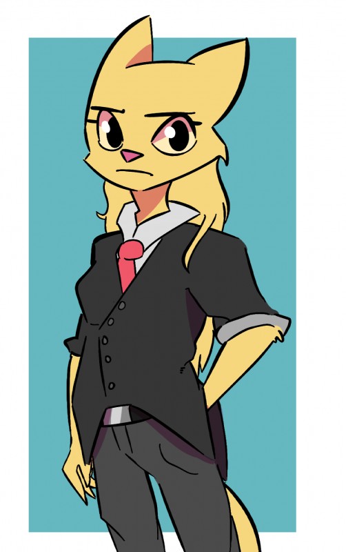 anthro clothed clothing female frown fully_clothed fur hair long_hair looking_at_viewer necktie solo suit yellow_body yellow_fur dooks microsoft prequel_adventure the_elder_scrolls rajirra felid khajiit mammal hi_res