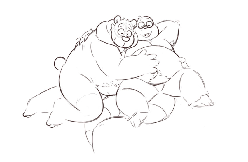 anthro belly cuddling duo hug male male/male overweight overweight_male simple_background white_background leothelionel the_human_heart_(game) cade_maplebottom dylan_ramos bear eulipotyphlan mammal mole_(animal) 2020 sketch