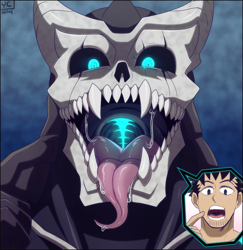 black_border blue_eyes blue_glow bodily_fluids bone border male mouth_shot muscular muscular_humanoid muscular_male not_furry open_mouth saliva saliva_string sharp_teeth skull skull_head teeth tongue tongue_out incredibleediblecalico kaiju_no._8 kafka_hibino kaiju_no_8 human humanoid kaiju mammal hi_res