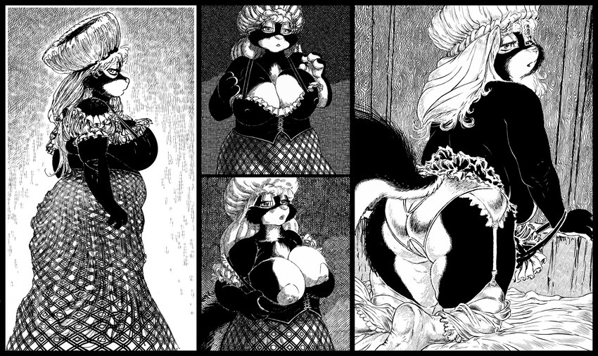 areola big_breasts black_body black_fur bottomwear breasts butt cleavage clothed clothing corset detailed_background dress female fluffy fluffy_tail footwear fur garter_belt garter_straps hair hat headgear headwear kneeling legwear lidded_eyes lingerie looking_at_viewer nipple_outline nipples open_mouth presenting presenting_hindquarters skirt socks solo stockings tail topless topwear under_boob underwear white_body white_fur lachland-nightingale mammal mephitid skunk hatching_(art) hi_res pen_(artwork) shaded traditional_media_(artwork)