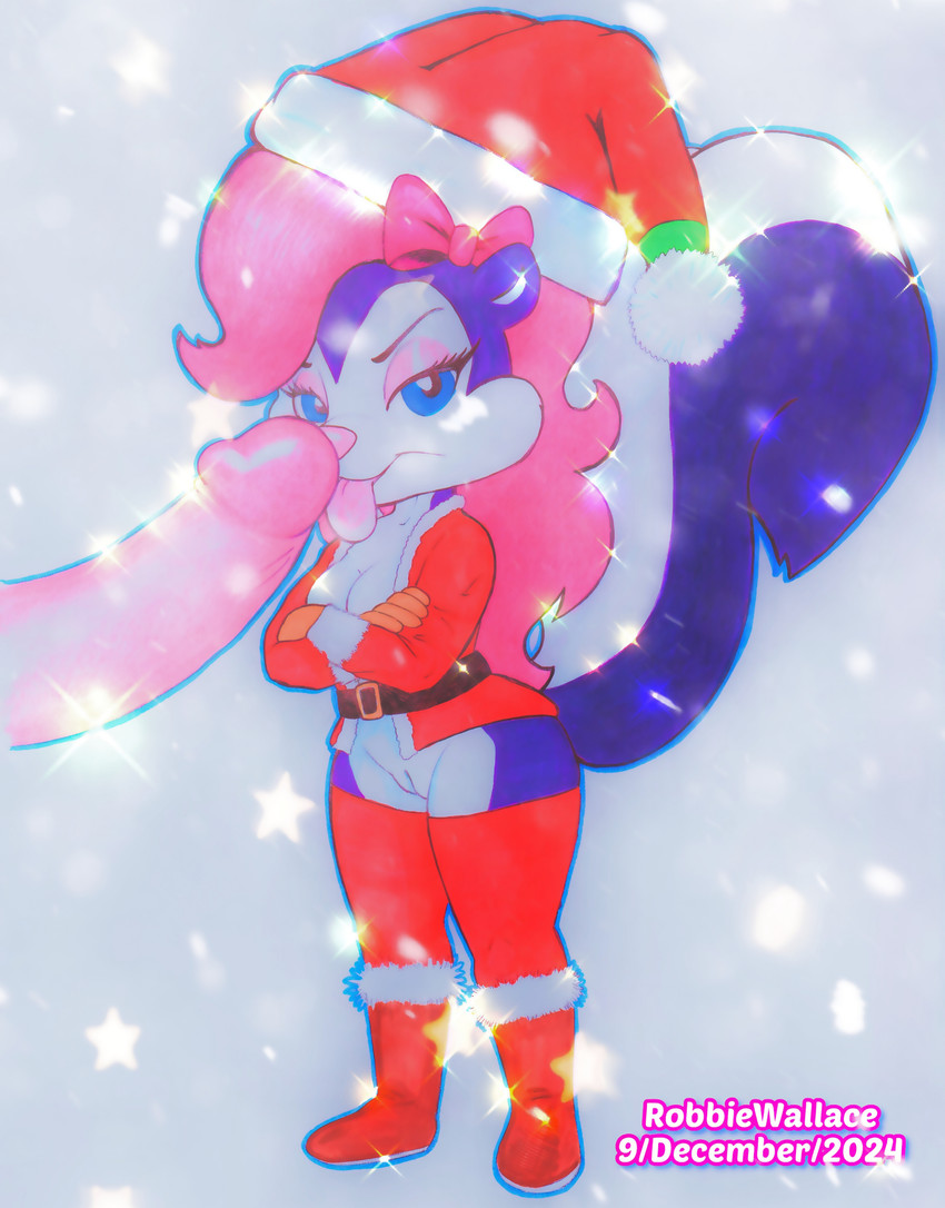 anthro blue_eyes christmas_clothing clothing female genitals hair holidays licking oral penile penis penis_lick pink_hair purple_body sex simple_background solo tongue tongue_out vulva robbiewallace christmas tiny_toon_adventures warner_brothers fifi_la_fume mammal mephitid skunk absurd_res hi_res traditional_media_(artwork)