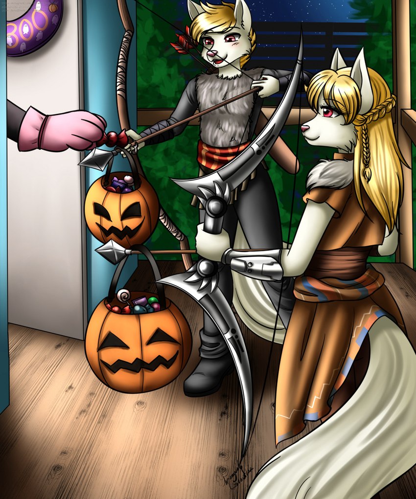 anthro arrow_(weapon) basket black_nose blonde_hair bow_(weapon) braided_hair candy clothing container cosplay costume dessert duo_focus female food fruit fur gloves group hair halloween_costume handwear holidays male open_mouth open_smile plant pumpkin pumpkin_basket ranged_weapon smile standing trick-or-treating trio weapon white_body white_fur shana dreaj1 god_of_war halloween horizon_(series) sony_corporation sony_interactive_entertainment aloy atreus_(god_of_war) bren_dalton jen_dalton canid canine canis dingo mammal 2022 hi_res signature brother_(lore) brother_and_sister_(lore) sibling_(lore) sister_(lore) twins_(lore)