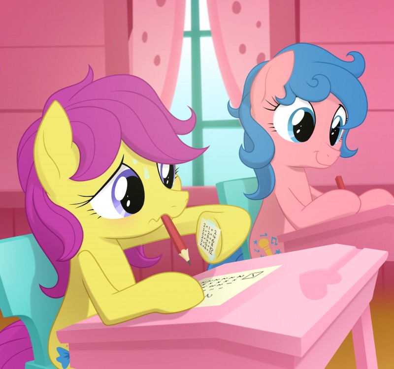 blue_eyes blue_hair blush bodily_fluids cheat cutie_mark duo female feral fur hair heart_symbol pink_body pink_fur pre-g4 purple_hair school student sweat tail yellow_body yellow_fur young young_female young_feral goatanimedatingsim g1 hasbro mlp_g1 my_little_pony my_little_pony_tales bonbon_(mlpt) melody_(mlp) equid equine horse mammal pony absurd_res hi_res