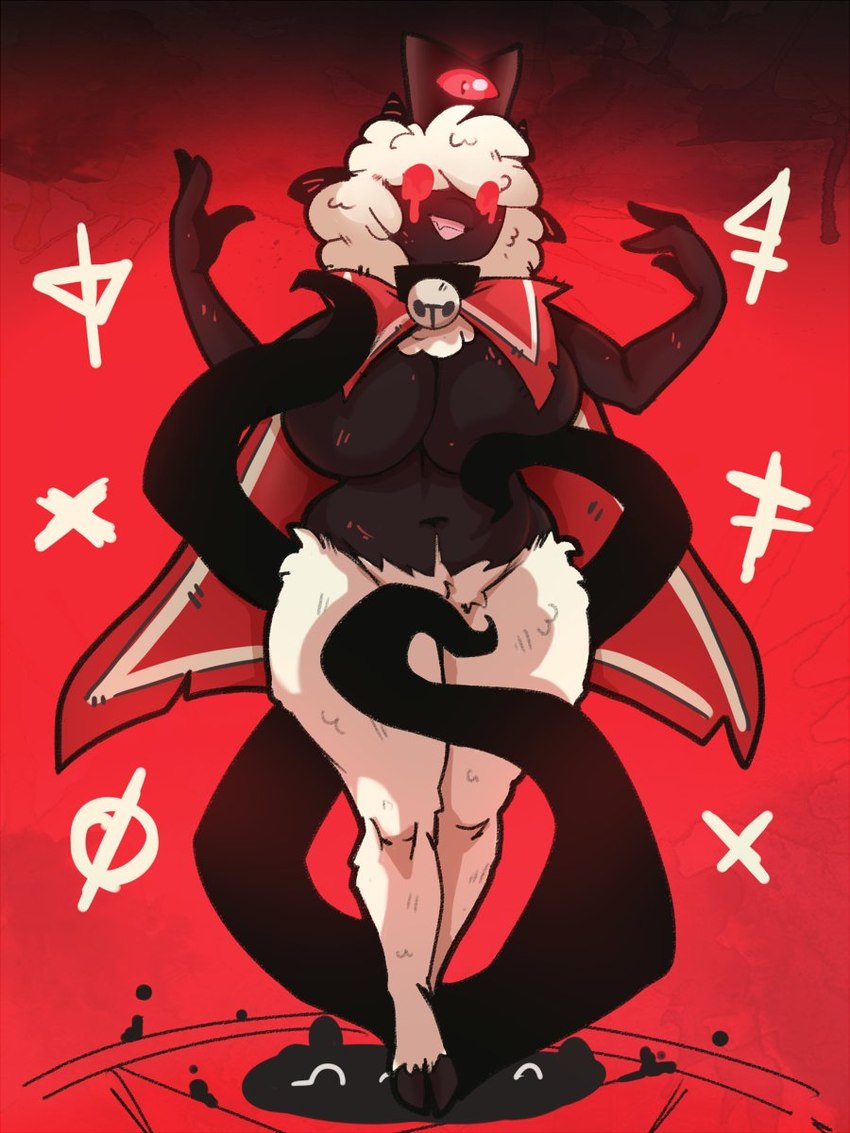 anthro bell bell_collar big_breasts blood blood_from_eye bodily_fluids breast_curtains breasts cape clothing cloven_hooves collar convenient_censorship female front_view fur hooves mostly_nude mostly_nude_anthro mostly_nude_female solo standing tentacles white_body white_fur wool_(fur) karakylia cult_of_the_lamb massive_monster_(studio) lamb_(cult_of_the_lamb) red_crown_(cult_of_the_lamb) bovid caprine mammal sheep 2022 3:4 full-length_portrait hi_res portrait