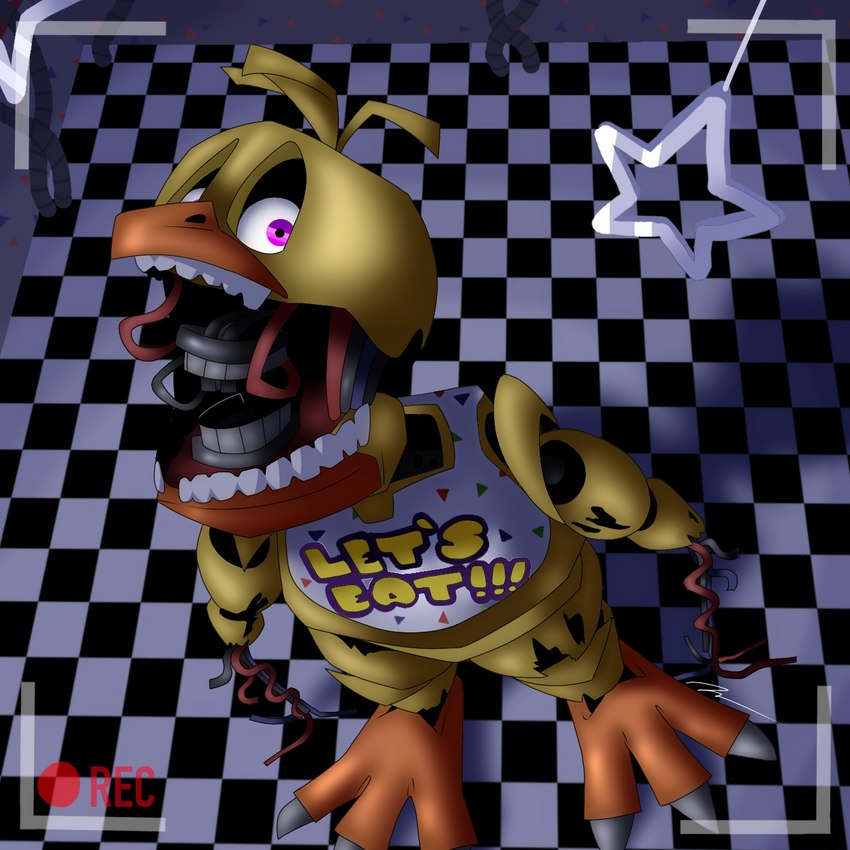 beak camera claws exposed_endoskeleton female horror_(theme) machine solo tall teeth toe_claws toothed_beak passiona_roo five_nights_at_freddy's five_nights_at_freddy's_2 scottgames withered_chica_(fnaf) avian bird chicken galliform gallus_(genus) humanoid hybrid phasianid robot 1:1 2023 digital_media_(artwork) hi_res