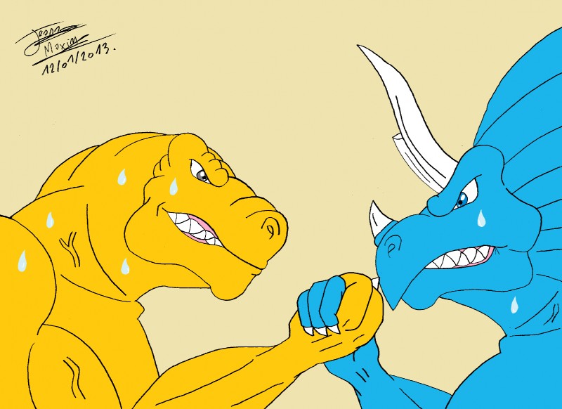 arm_wrestling biceps blue_eyes bodily_fluids bone_frill claws clenched_teeth duo fangs frill_(anatomy) grey_eyes horn male muscular pecs sweat teeth vein maxime-jeanne extreme_dinosaurs spike_(extreme_dinosaurs) t-bone_(extreme_dinosaurs) ceratopsian dinosaur ornithischian prehistoric_species reptile scalie theropod triceratops tyrannosaurid tyrannosauroid tyrannosaurus tyrannosaurus_rex 2013 hi_res