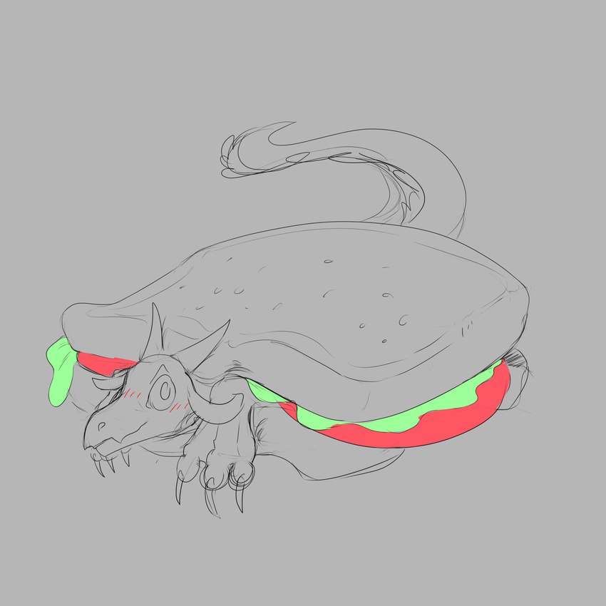 ambiguous_gender blush bread claws feral food fruit horn in_bread lettuce looking_at_viewer plant sandwich_(food) simple_background smile solo tail tomato vegetable kyain mythology deviant_(theratofthebath) dragon mythological_creature mythological_scalie scalie 1:1 absurd_res hi_res