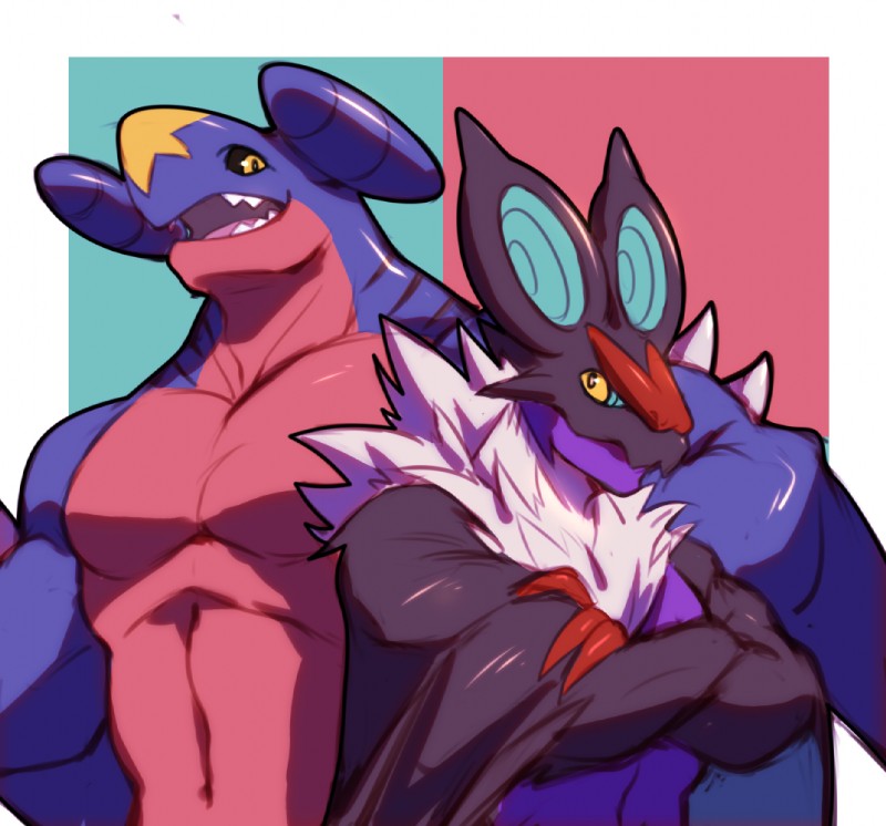 anthro anthrofied duo eye_contact group looking_at_another male muscular muscular_male nude pecs pokemorph orzero nintendo pokemon garchomp generation_4_pokemon generation_6_pokemon noivern pokemon_(species)