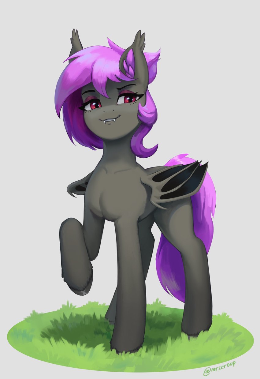 ambiguous_gender bat_wings ear_tuft eyelashes fangs feral fur grass grey_body grey_fur hair hooves inner_ear_fluff membrane_(anatomy) membranous_wings plant purple_hair purple_tail raised_hoof red_eyes simple_background smile solo tail teeth tuft wings mrscroup hasbro my_little_pony fan_character bat_pony equid mammal 2022 digital_media_(artwork) hi_res signature