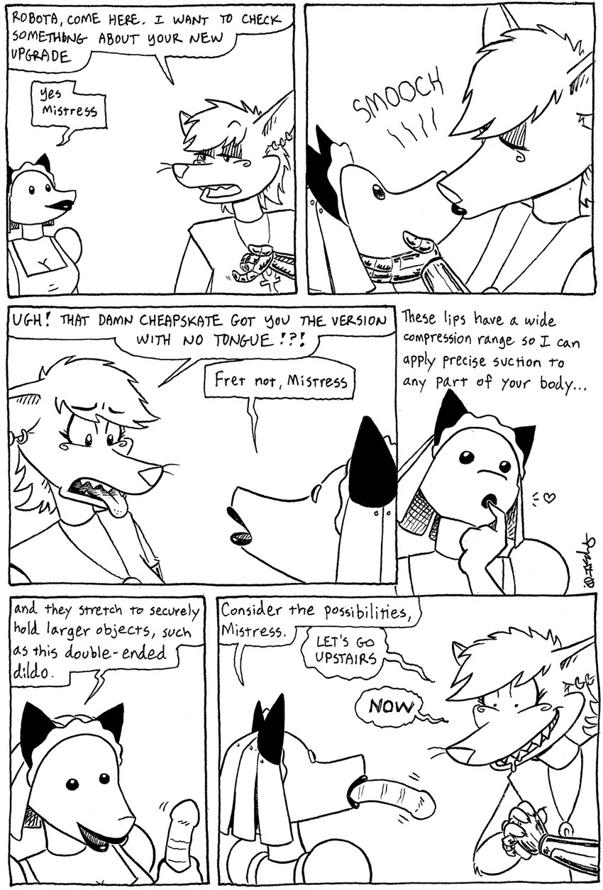 anthro bodily_fluids breasts cleavage clothed clothing cybernetics drooling duo eyeshadow female fur hair heart_symbol humor jewelry machine maid_uniform makeup male necklace saliva sex text uniform tegerio liz_(tegerio) robota_(tegerio) canid canine canis cyborg fox jackal mammal robot black_and_white comic english_text hi_res monochrome