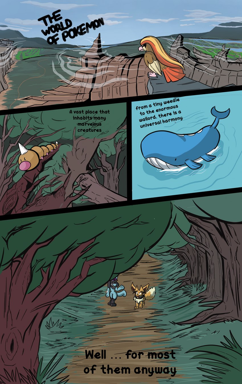 4_panel_comic ambiguous_gender anthro beak biped black_eyes black_text blue_body blue_tail branch brown_body brown_hair cape cliff clothing cloud day ellipsis feet feral fin fluffy fluffy_tail forest fur grass group hair looking_at_another male narration neck_tuft open_mouth open_smile outside partially_submerged paws plant quadruped sharp_teeth sky smile spikes spikes_(anatomy) standing tail talons teeth text toes tree tuft water white_sclera wings zincxiron nintendo pokemon pokemon_mystery_dungeon spike_chunsoft virmir_(character) zinc_(zincxiron) eevee generation_1_pokemon generation_3_pokemon generation_4_pokemon pidgeot pokemon_(species) riolu wailord weedle 2024 absurd_res comic digital_media_(artwork) english_text first_page hi_res