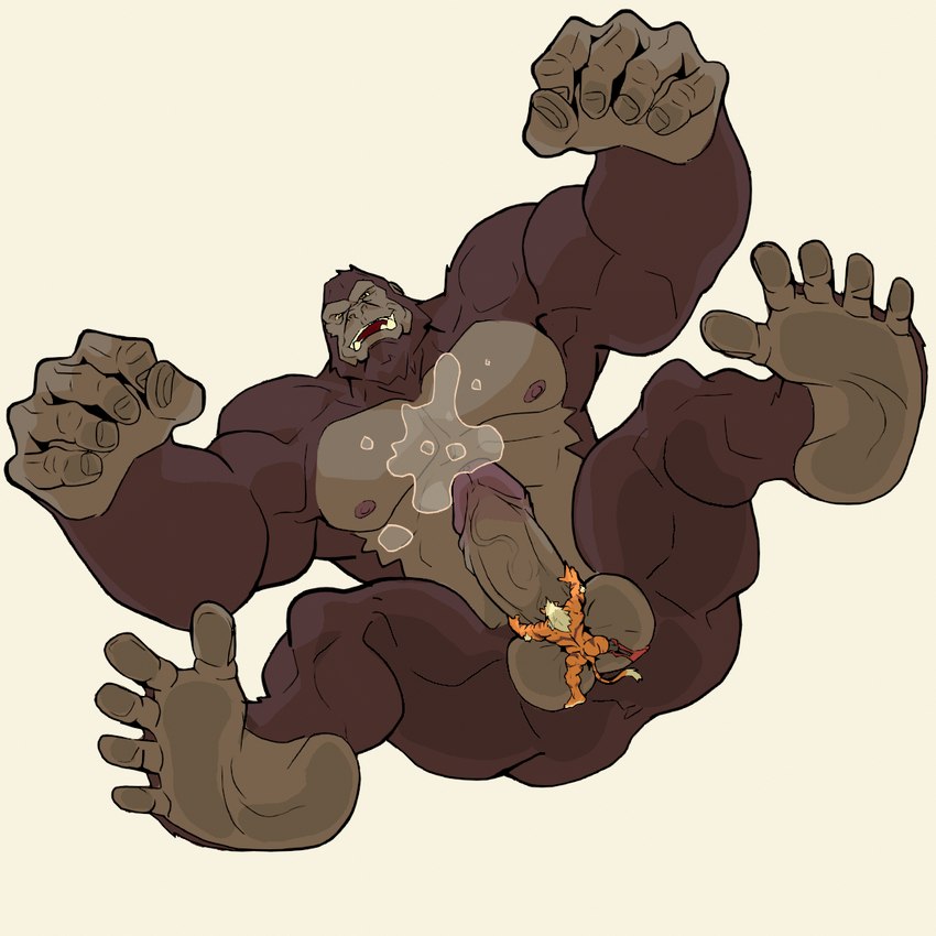 anthro balls barazoku bodily_fluids cum facesitting feet genital_fluids genitals humanoid_genitalia humanoid_penis male muscular muscular_anthro muscular_male nipples nude penis sitting sitting_on_another size_difference stomping rickleone king_kong_(series) beau_(painbowpaints) king_kong felid hybrid liger mammal pantherine primate himbo 1:1