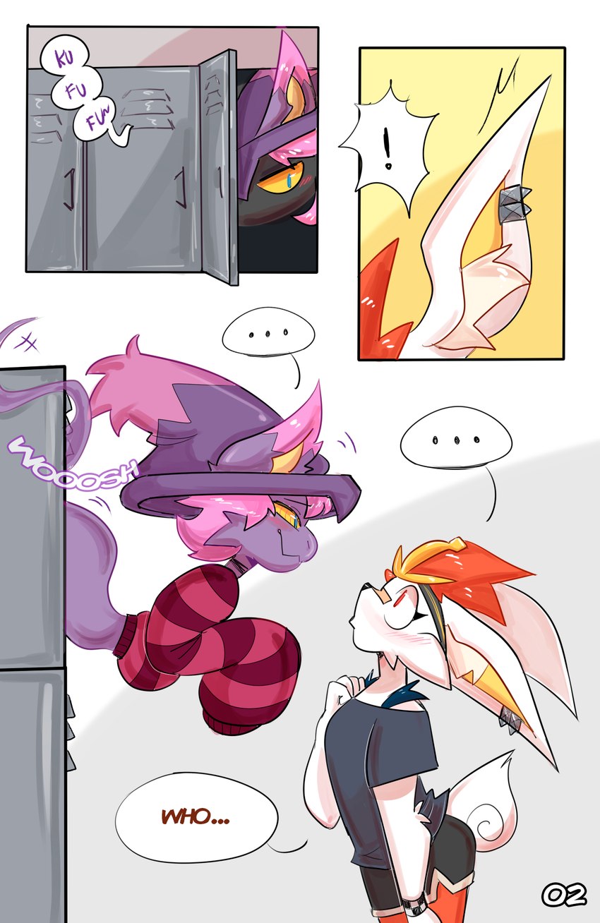 accessory anthro blonde_hair bomber_jacket bottomwear clothing dialogue duo ear_piercing eye_contact femboy fur hair hair_accessory hairband hat headgear headwear hypnosis hypnotic_eyes locker locker_room looking_at_another male male/male mind_control piercing purple_body purple_hair red_hair ringed_eyes shirt shorts sound_effects speech_bubble topwear white_body white_fur horny_imp nintendo pokemon jolt_(horny_imp) loren_(horny_imp) lorenzo_(horny_imp) morgan_(horny_imp) cinderace eeveelution generation_1_pokemon generation_2_pokemon generation_8_pokemon ghost jolteon lagomorph leporid mammal misdreavus pokemon_(species) rabbit spirit comic hi_res
