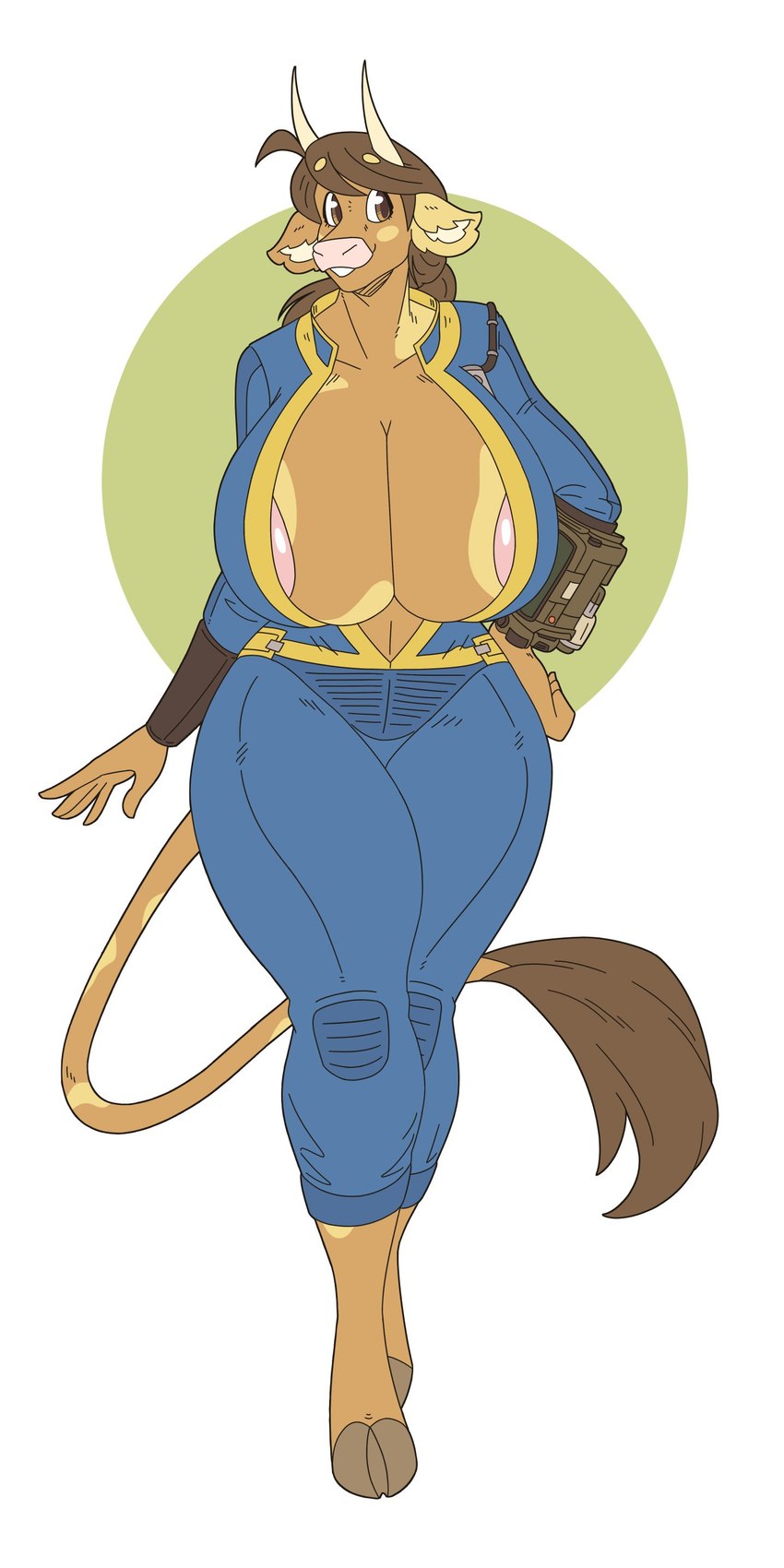 anthro areola areola_slip big_breasts breasts cleavage clothed clothing curvy_figure female hooves horn huge_breasts open_clothing open_jumpsuit pip-boy smile solo thick_thighs vault_suit wrist_computer slightlysimian fallout microsoft molly_(slightlysimian) bovid bovine cattle mammal 1:2 2022 absurd_res hi_res