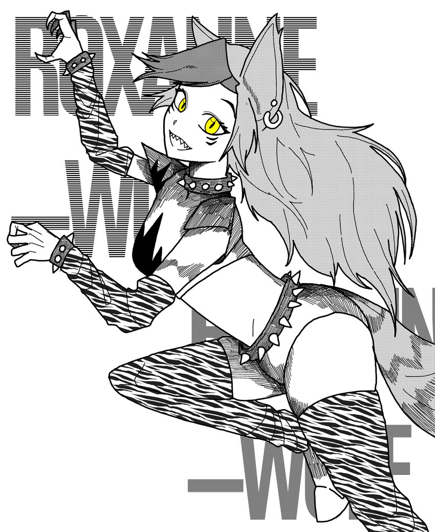 animal_ears anime_eyes arm_warmers armwear background_text belt bottomwear bracelet breasts claws clothing collar crop_top ear_piercing facial_markings fangs female hair head_markings hotpants jewelry leg_warmers legwear long_hair looking_at_viewer markings midriff piercing shirt shorts small_breasts smile smiling_at_viewer solo spiked_belt spiked_bracelet spiked_collar spikes teeth text topwear yellow_eyes darudaru five_nights_at_freddy's five_nights_at_freddy's:_security_breach scottgames steel_wool_studios roxanne_wolf animal_humanoid canid canid_humanoid canine canine_humanoid canis humanoid mammal mammal_humanoid wolf wolf_humanoid 2021 absurd_res black_and_white comic greyscale hi_res monochrome