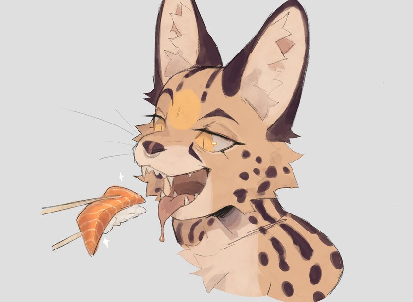 anthro cheek_tuft chopsticks facial_tuft fangs fish_meat food fur inner_ear_fluff markings meat nigirizushi open_mouth pupils rice salmon_(food) slit_pupils solo spots spotted_body spotted_fur sushi teeth tongue tongue_out tuft whiskers strayserval lex_(servalex) felid feline mammal serval 2021 hi_res icon