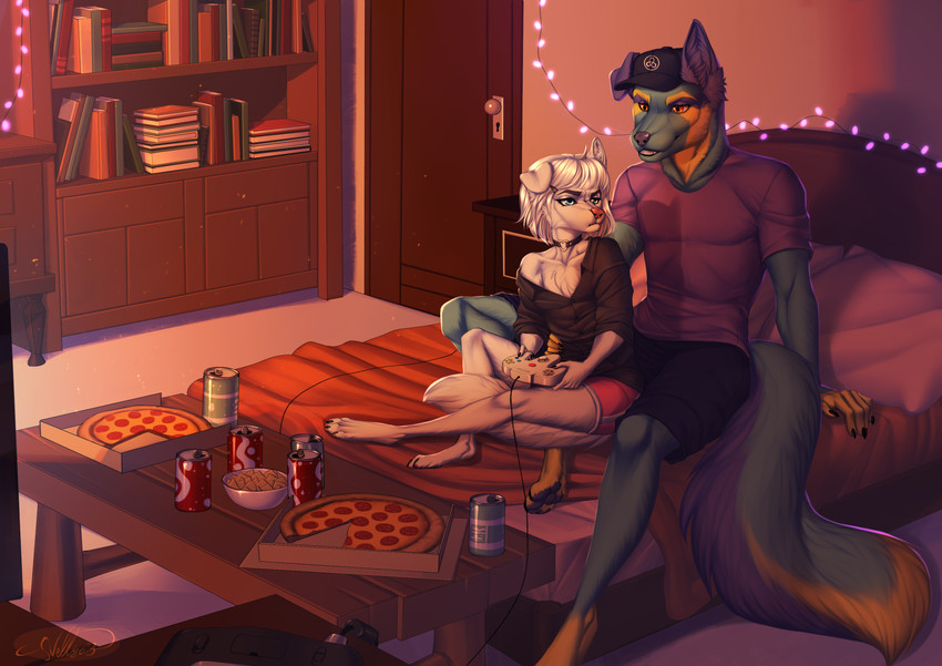 4_toes 5_fingers anthro bed clothed clothing collar duo eyebrows eyelashes feet femboy fingers food furniture gaming male on_bed pizza sitting toes nelly63 sai_(cyphrus9) canid canine canis domestic_dog mammal 2020 absurd_res digital_media_(artwork) hi_res