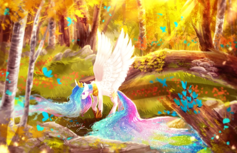 autumn birch cutie_mark day feathered_wings feathers female feral field forest fungus fur gold_(metal) grass hair hooves horn light log long_hair multicolored_hair mushroom outside plant purple_eyes rock solo standing sunlight tree white_body white_feathers white_fur wings wood aquagalaxy friendship_is_magic hasbro my_little_pony mythology princess_celestia_(mlp) arthropod butterfly equid equine insect lepidopteran mammal mythological_creature mythological_equine winged_unicorn