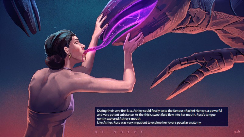 clothing duo eyes_closed female female/female french_kissing human_focus interspecies kissing neon not_furry_focus simple_background slime sucking teratophilia text text_box tongue tongue_out orionart bioware electronic_arts mass_effect ashley_williams alien human mammal rachni rachni_queen 16:9 digital_media_(artwork) english_text hi_res widescreen