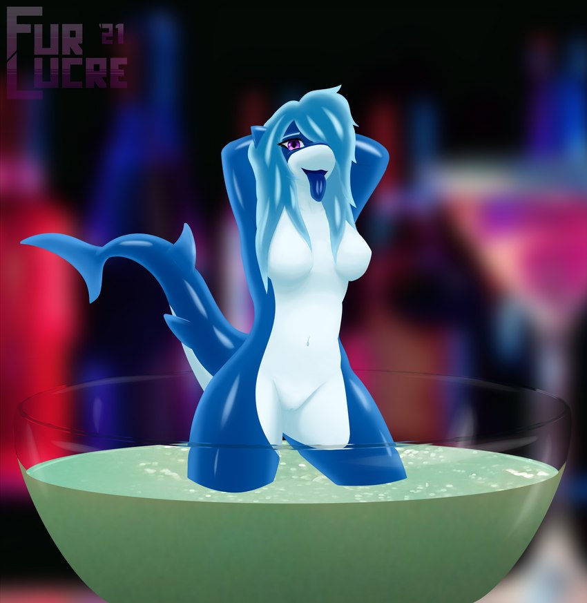 anthro bedroom_eyes belly beverage big_butt blue_hair breasts butt candy curvy_figure dessert detailed_background eyebrows eyelashes female food front_view genitals gummy_(food) gummy_shark hair humanoid_genitalia looking_at_viewer narrowed_eyes navel non-mammal_breasts nude open_mouth purple_eyes pussy seductive smile solo standing tail thick_tail thick_thighs tongue tongue_out wide_hips fur-lucre fish food_creature goo_creature gummy_creature living_candy marine shark gummy_(disambiguation) absurd_res hi_res shaded signature