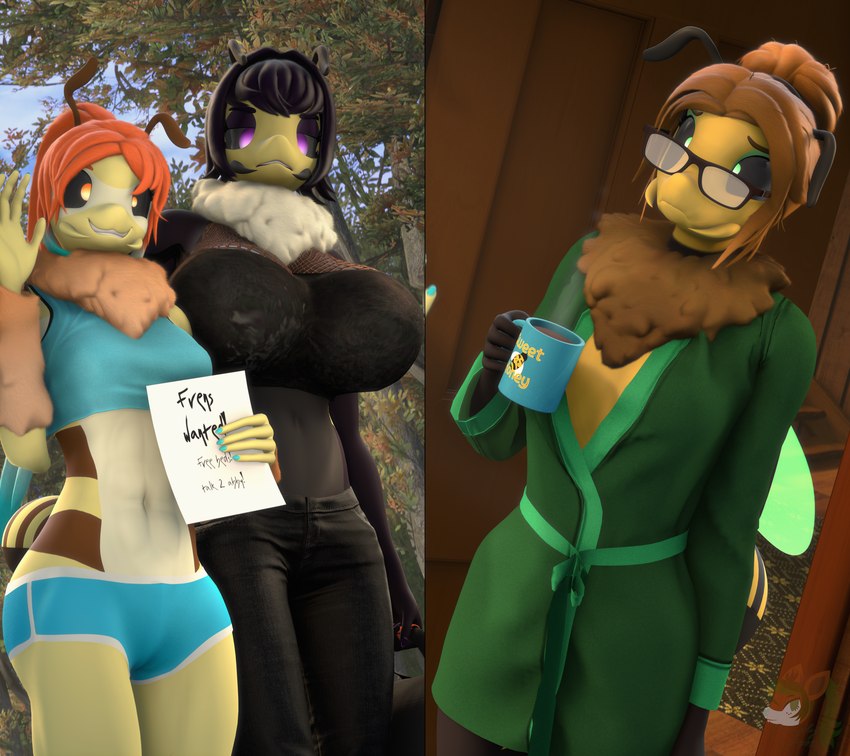 alternative_fashion anthro arthropod_abdomen bathrobe bathrobe_only big_breasts breasts clothing coffee_mug eyewear female glasses goth group revamped_anthros robe size_difference trio donglysfm ava_(donglysfm) gwen_(donglysfm) kelli_(donglysfm) arthropod bee hymenopteran insect 3d_(artwork) absurd_res digital_media_(artwork) hi_res source_filmmaker_(artwork)